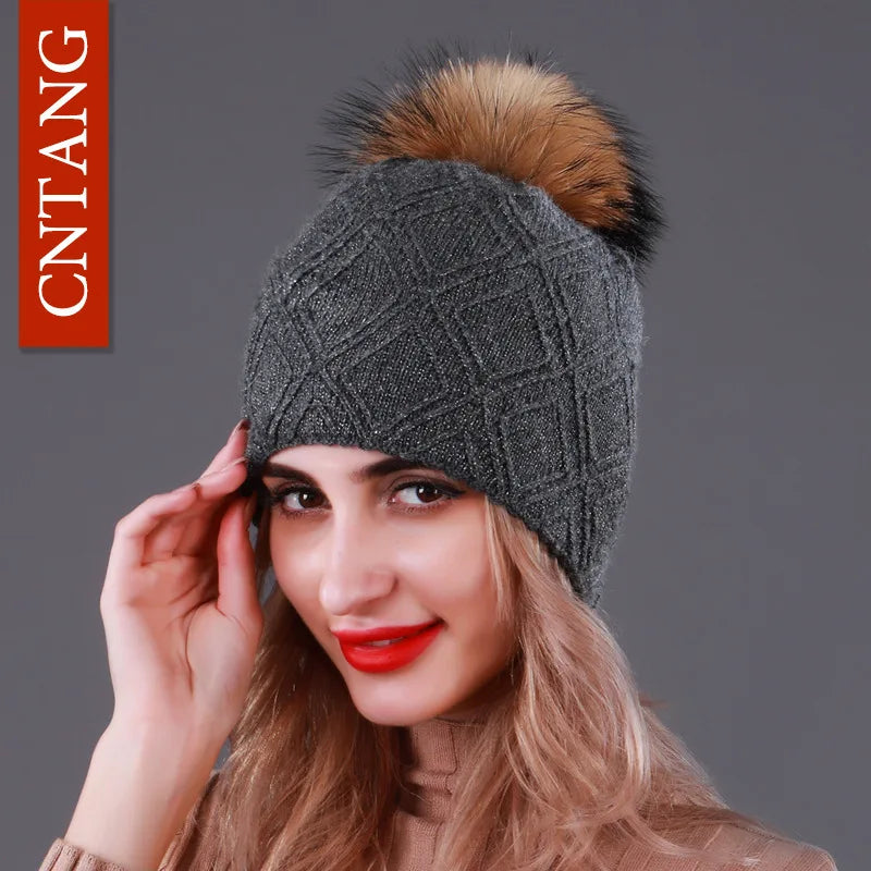 Multiple Styles Fashion Warm Hat Women Winter Beanies Natural Raccoon Fur Pompom Cap Wool Knitted Hats Women High Quality