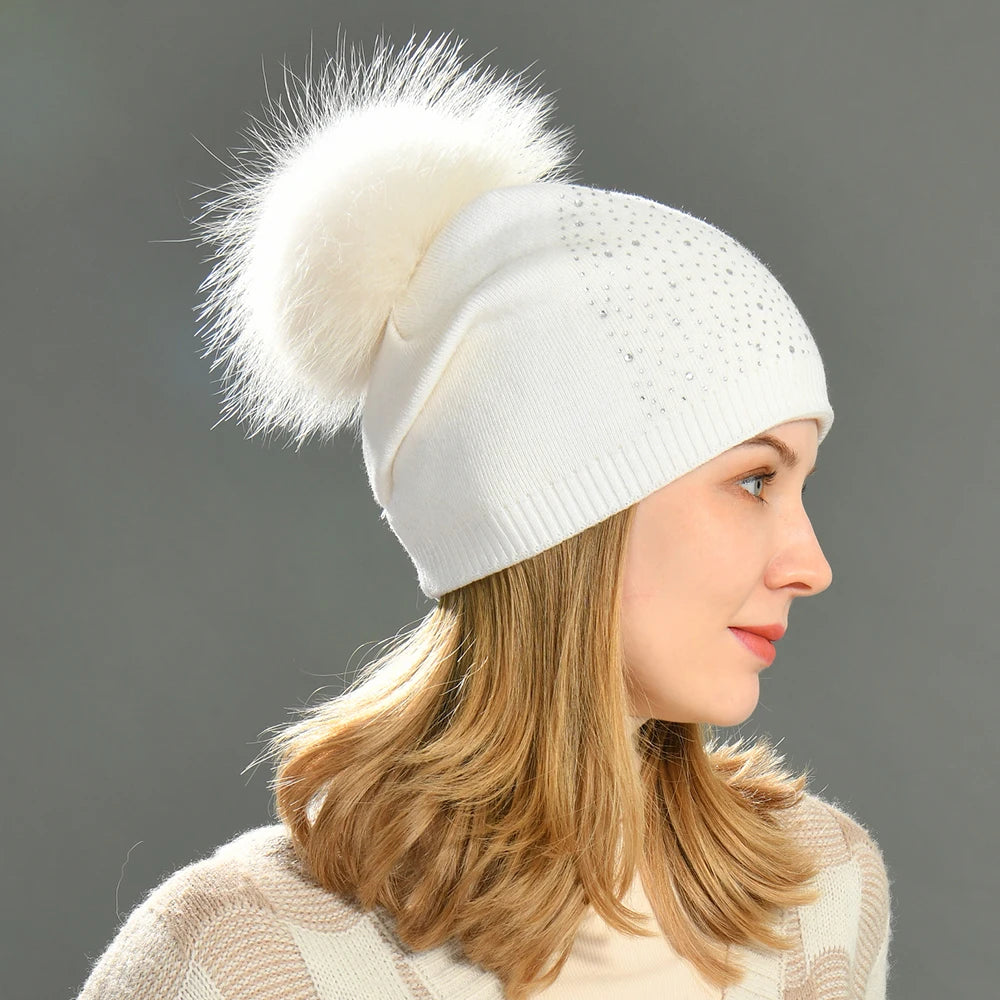 Women's Real Fur Pompon Hat Female Plain Warm Knit Beanie Hat Natural Raccoon Fur Pom Pom Hat Winter Beanies with Fur Pompom