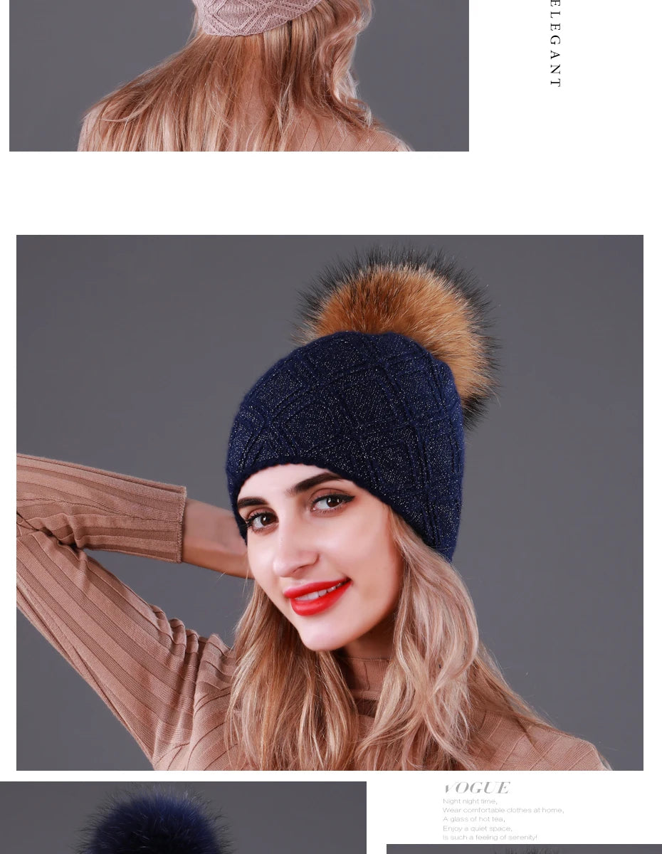 Multiple Styles Fashion Warm Hat Women Winter Beanies Natural Raccoon Fur Pompom Cap Wool Knitted Hats Women High Quality