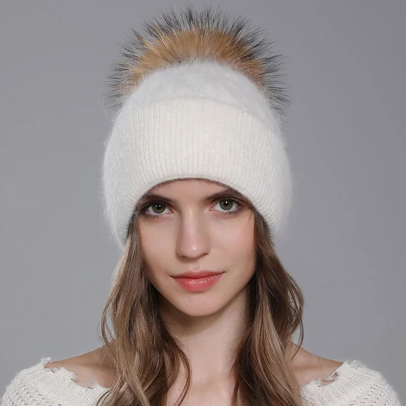 CNTANG New Natural Raccoon Fur Pompom Knit Hat For Women Warm Angora Rabbit Bonnet Women's Winter Fleece Hats Casual Female Caps