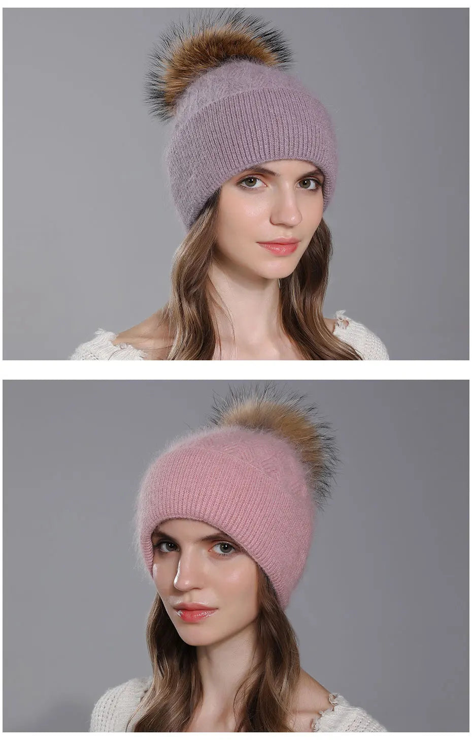 CNTANG New Natural Raccoon Fur Pompom Knit Hat For Women Warm Angora Rabbit Bonnet Women's Winter Fleece Hats Casual Female Caps