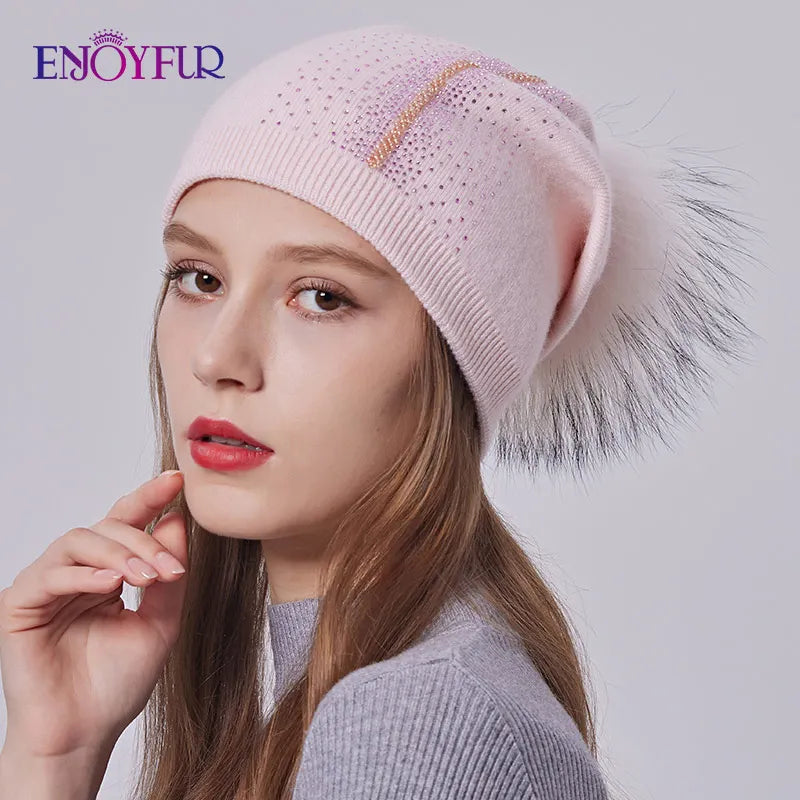 ENJOYFUR Winter women real fur pom pom hats wool knitted thick warm lined beanies hat lady fashion bobble ski caps