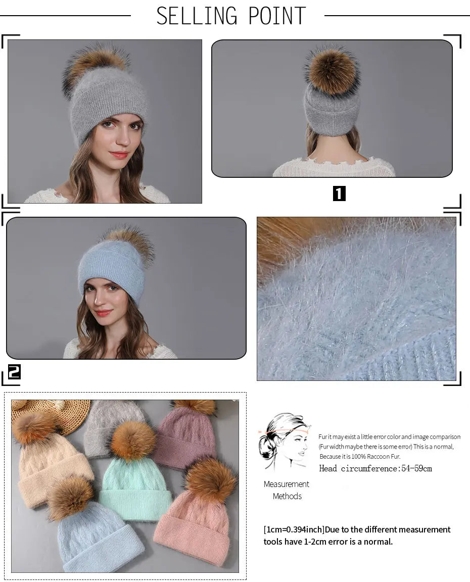 CNTANG New Natural Raccoon Fur Pompom Knit Hat For Women Warm Angora Rabbit Bonnet Women's Winter Fleece Hats Casual Female Caps