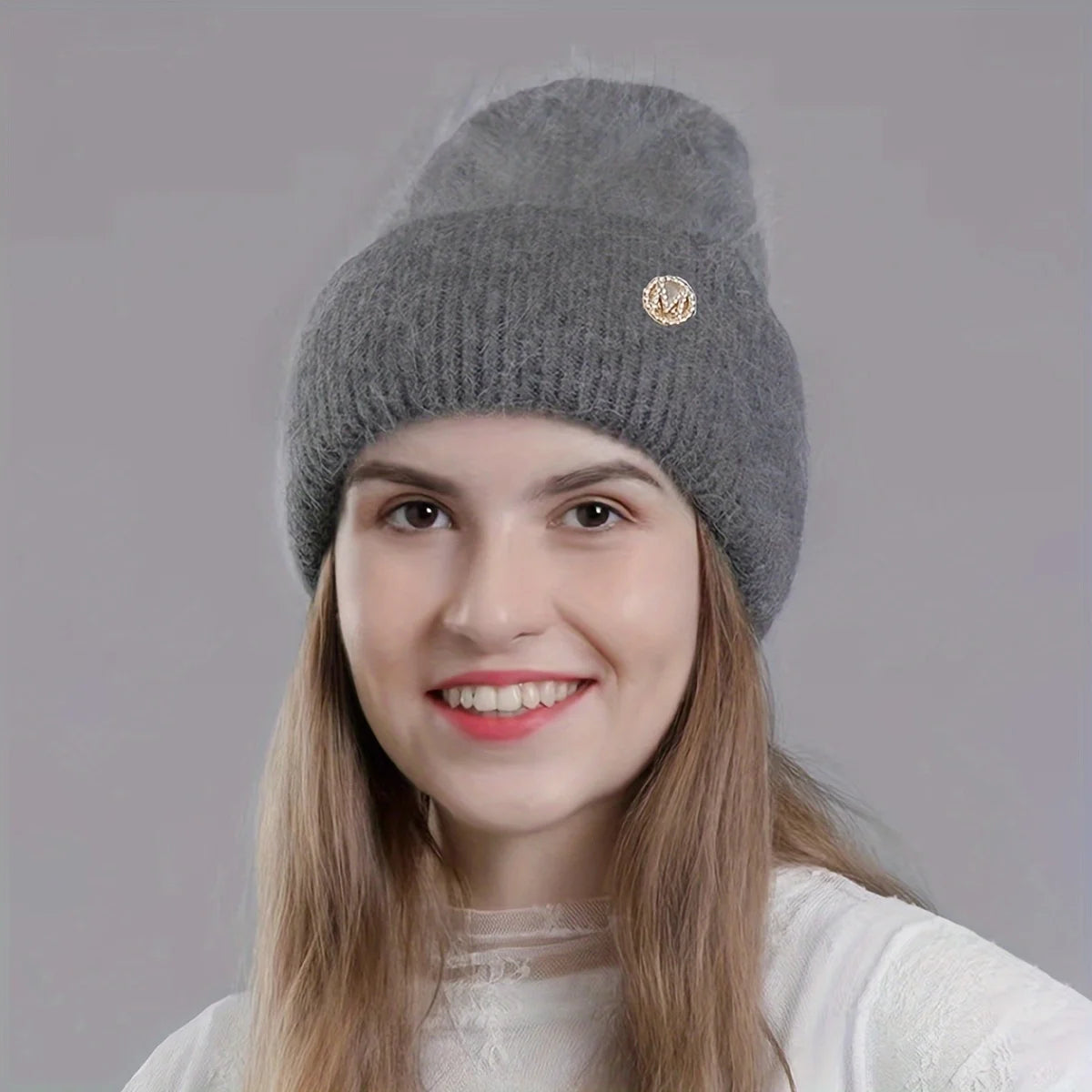 Rabbit Hair blended Hat for Women Knitted Hat Versatile Thickened Velvet Warm Hat Solid Color Big Head Circumference Beanie