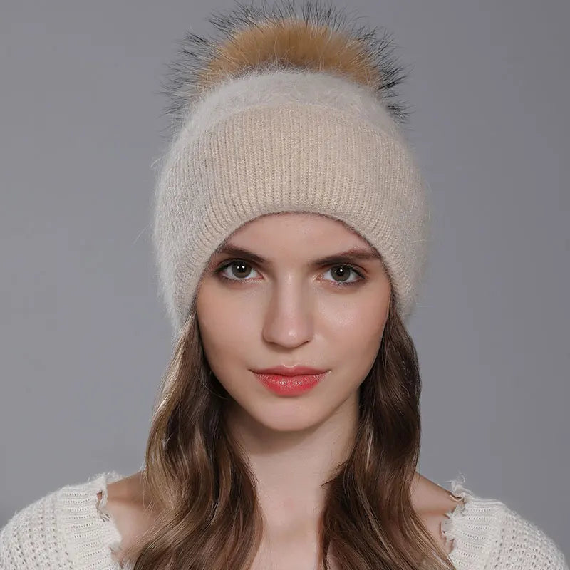 CNTANG New Natural Raccoon Fur Pompom Knit Hat For Women Warm Angora Rabbit Bonnet Women's Winter Fleece Hats Casual Female Caps