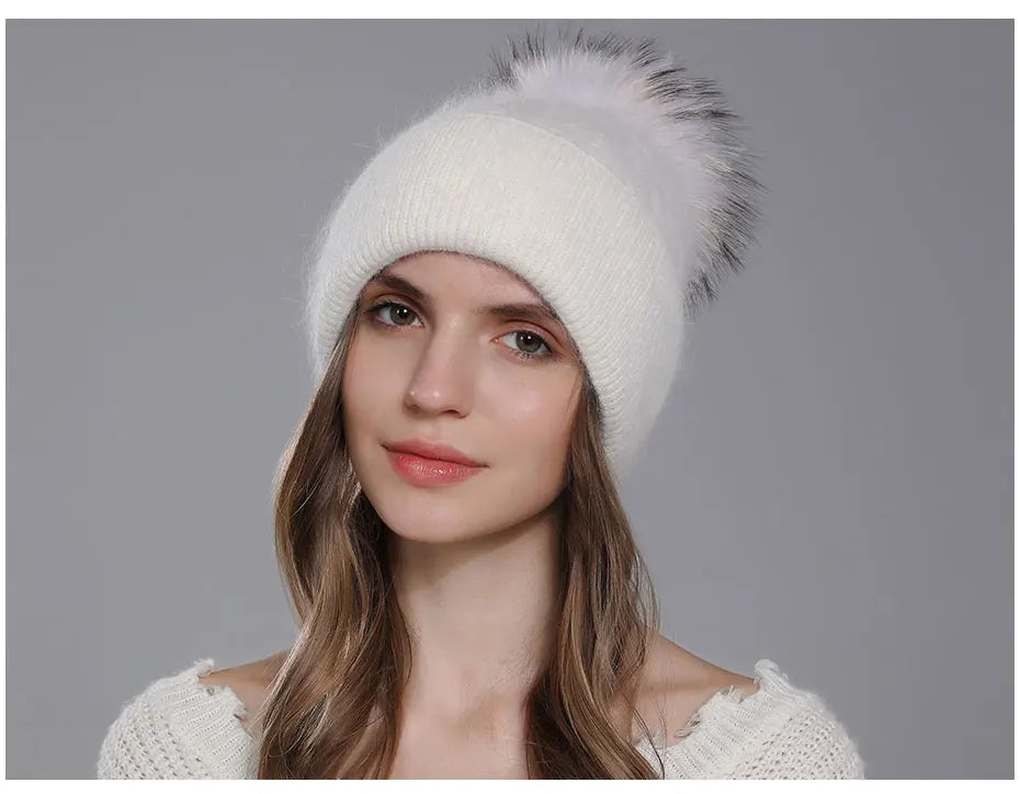 CNTANG New Natural Raccoon Fur Pompom Knit Hat For Women Warm Angora Rabbit Bonnet Women's Winter Fleece Hats Casual Female Caps