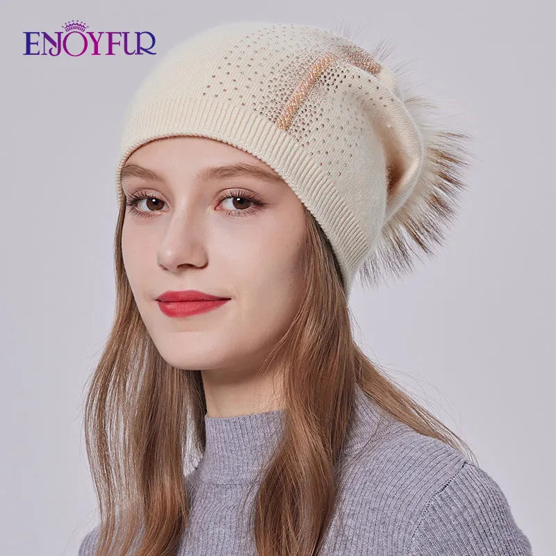 ENJOYFUR Winter women real fur pom pom hats wool knitted thick warm lined beanies hat lady fashion bobble ski caps