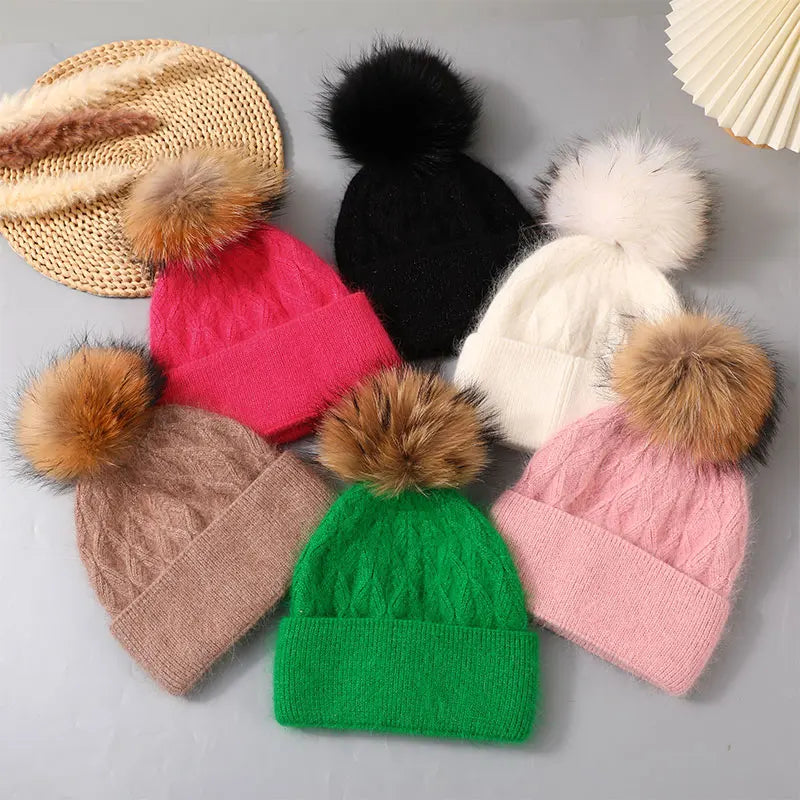 CNTANG New Natural Raccoon Fur Pompom Knit Hat For Women Warm Angora Rabbit Bonnet Women's Winter Fleece Hats Casual Female Caps