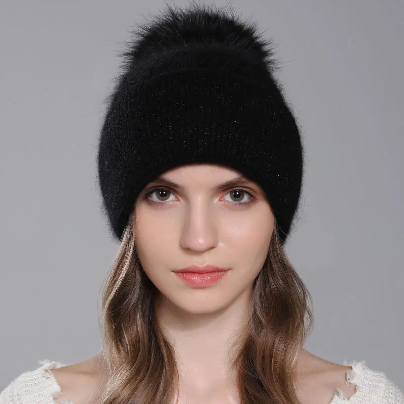 CNTANG New Natural Raccoon Fur Pompom Knit Hat For Women Warm Angora Rabbit Bonnet Women's Winter Fleece Hats Casual Female Caps