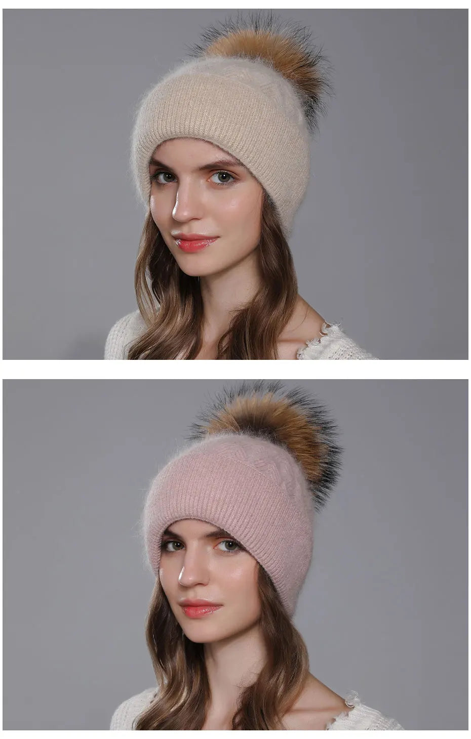 CNTANG New Natural Raccoon Fur Pompom Knit Hat For Women Warm Angora Rabbit Bonnet Women's Winter Fleece Hats Casual Female Caps