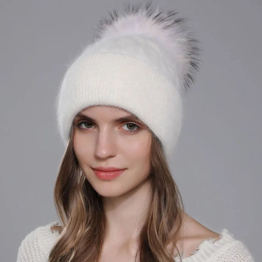 CNTANG New Natural Raccoon Fur Pompom Knit Hat For Women Warm Angora Rabbit Bonnet Women's Winter Fleece Hats Casual Female Caps