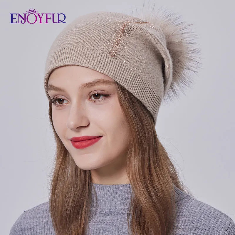 ENJOYFUR Winter women real fur pom pom hats wool knitted thick warm lined beanies hat lady fashion bobble ski caps