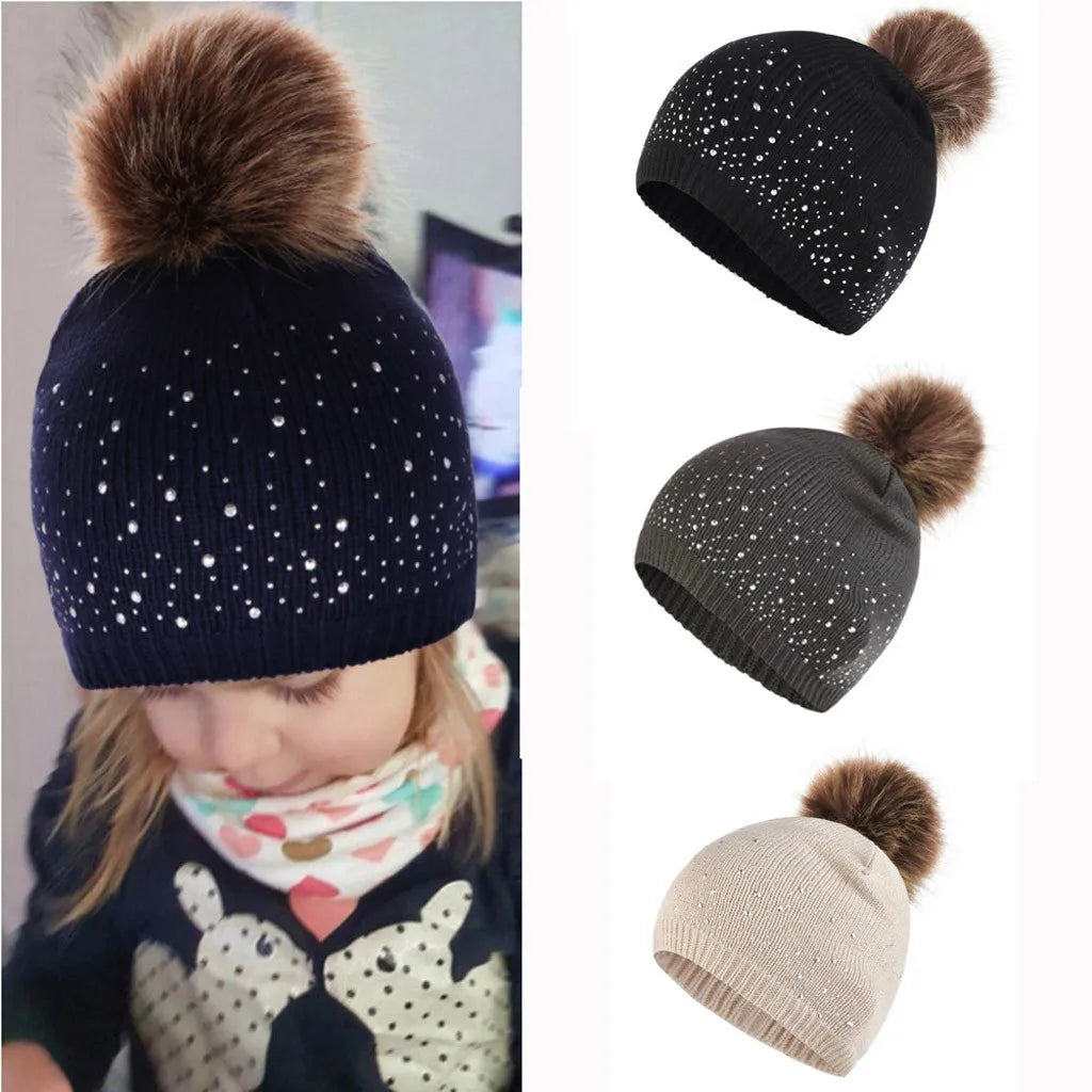 Ski Hat For Kids Hairball Knitting Baby Gift Bonnet Cap Hemming Rhinestone Winter Cute Wool Keep Warm шапка для девочки