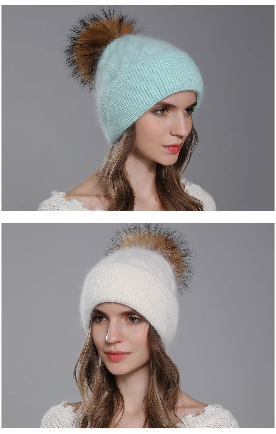 CNTANG New Natural Raccoon Fur Pompom Knit Hat For Women Warm Angora Rabbit Bonnet Women's Winter Fleece Hats Casual Female Caps