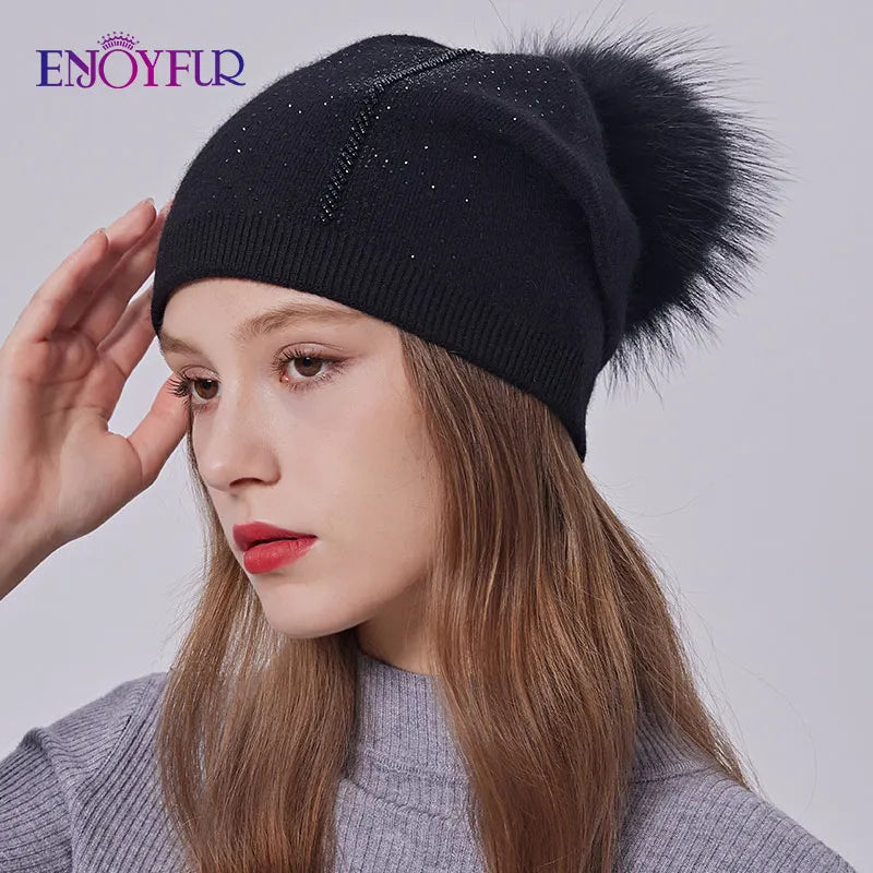 ENJOYFUR Winter women real fur pom pom hats wool knitted thick warm lined beanies hat lady fashion bobble ski caps