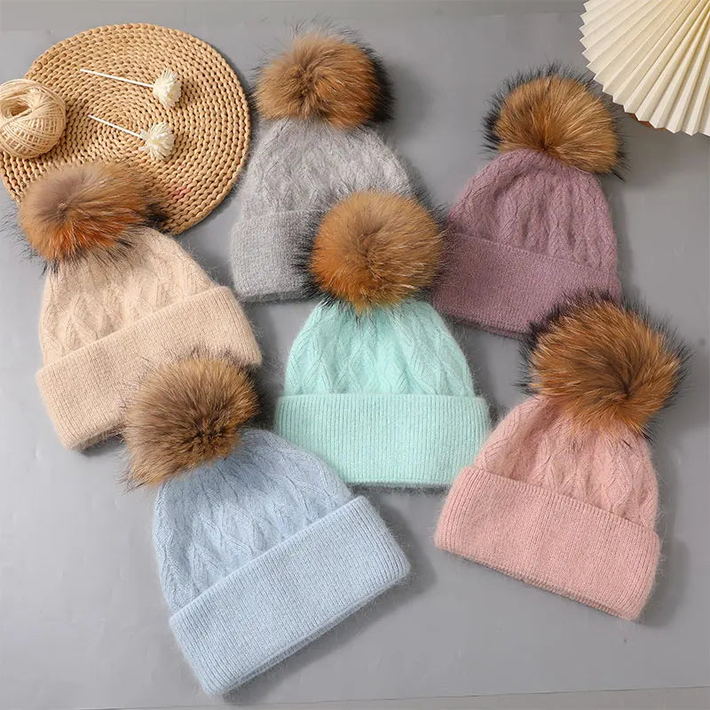 CNTANG New Natural Raccoon Fur Pompom Knit Hat For Women Warm Angora Rabbit Bonnet Women's Winter Fleece Hats Casual Female Caps