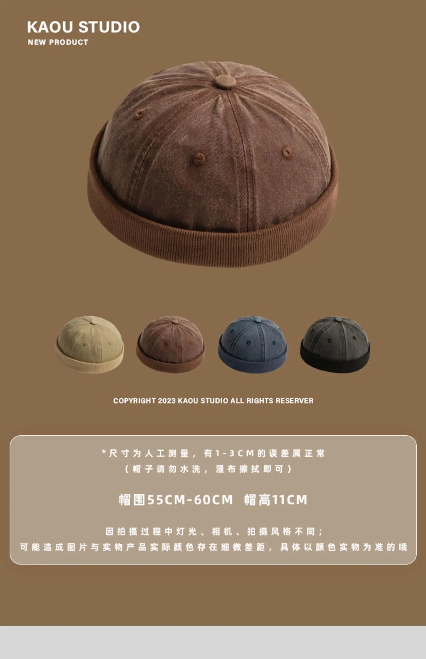 Japanese-Style Retro Denim Chinese Landlord Hat Women's Street Yupi Hip Hop Fashion Hat Men's Brimless Solid Color Skullcap Dome