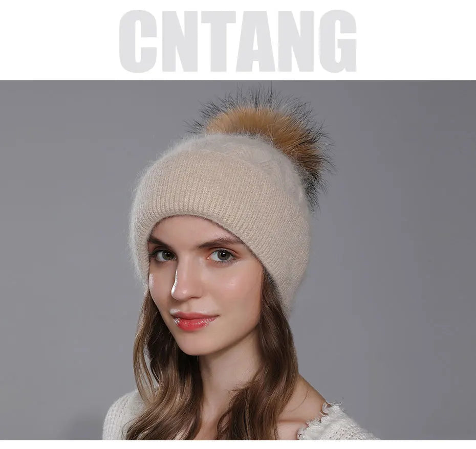 CNTANG New Natural Raccoon Fur Pompom Knit Hat For Women Warm Angora Rabbit Bonnet Women's Winter Fleece Hats Casual Female Caps