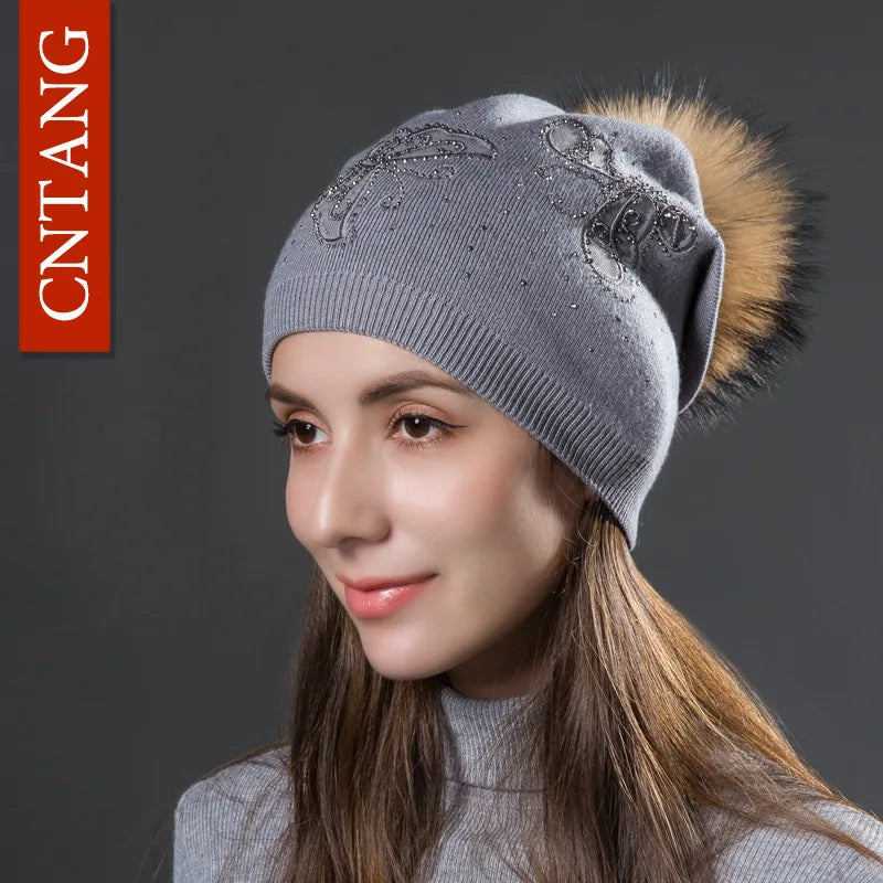 CNTANG 2024 Fashion Pearl Butterfly Women Hats Knitted Wool Beanies Autumn Winter Warm Caps With Natural Fur Pom Pom Ladies Hat