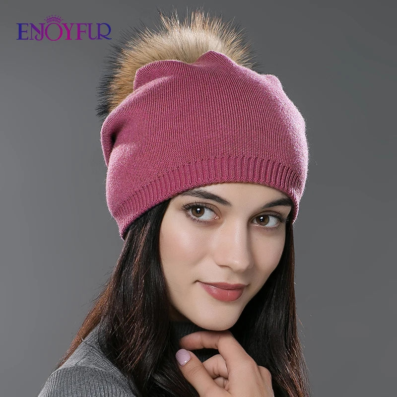 ENJOYFUR Winter women real fur pom pom hats wool knitted thick warm lined beanies hat lady fashion bobble ski caps