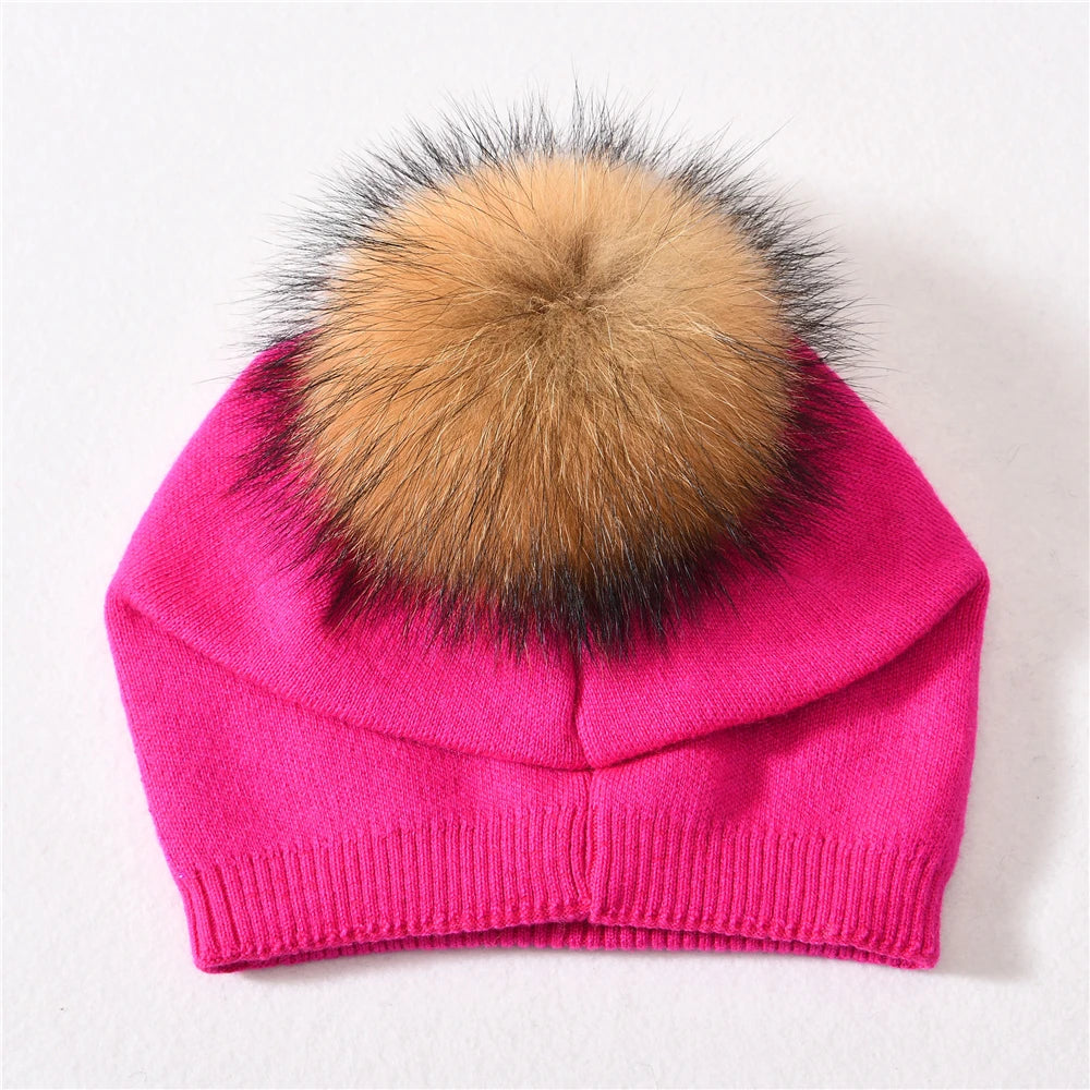 Women's Real Fur Pompon Hat Female Plain Warm Knit Beanie Hat Natural Raccoon Fur Pom Pom Hat Winter Beanies with Fur Pompom