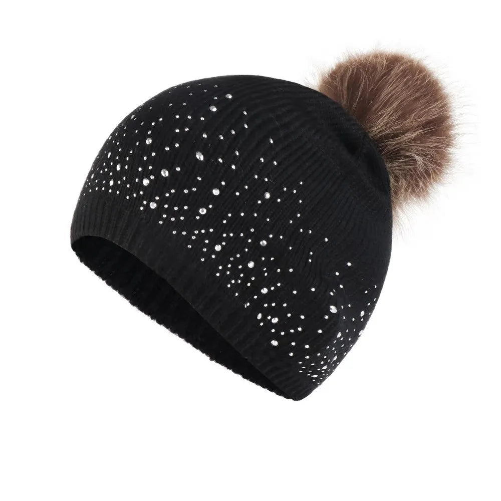 Ski Hat For Kids Hairball Knitting Baby Gift Bonnet Cap Hemming Rhinestone Winter Cute Wool Keep Warm шапка для девочки