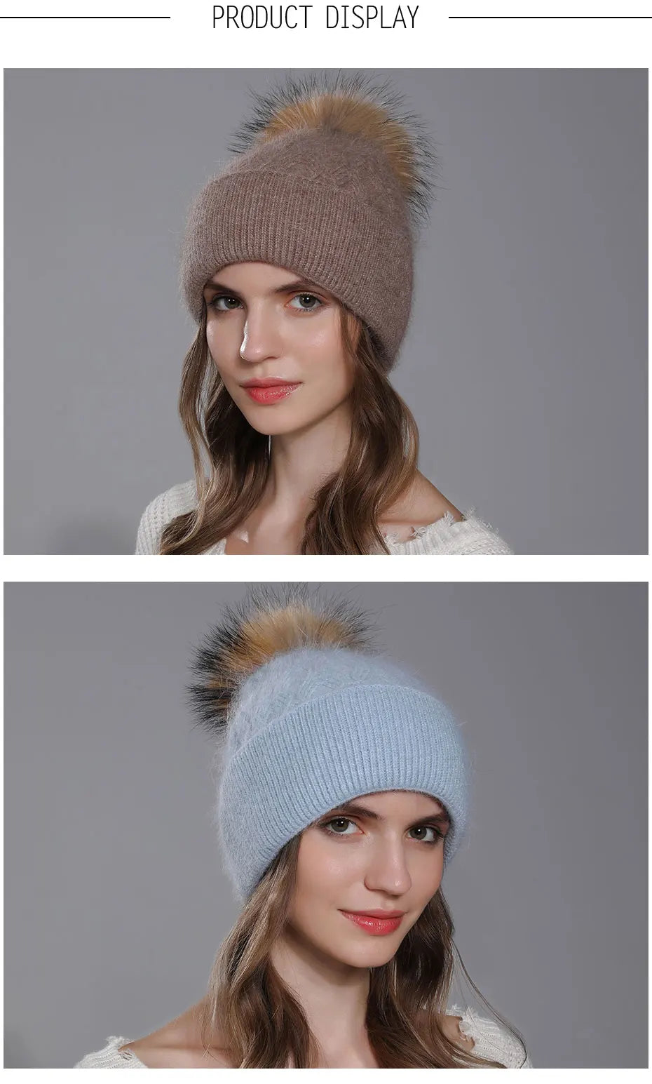 CNTANG New Natural Raccoon Fur Pompom Knit Hat For Women Warm Angora Rabbit Bonnet Women's Winter Fleece Hats Casual Female Caps