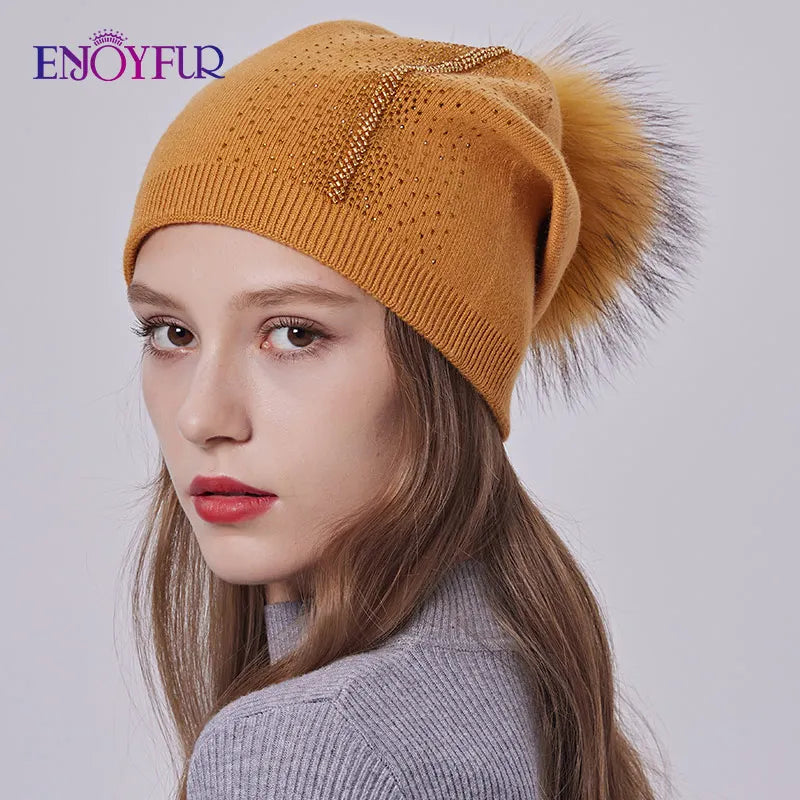 ENJOYFUR Winter women real fur pom pom hats wool knitted thick warm lined beanies hat lady fashion bobble ski caps