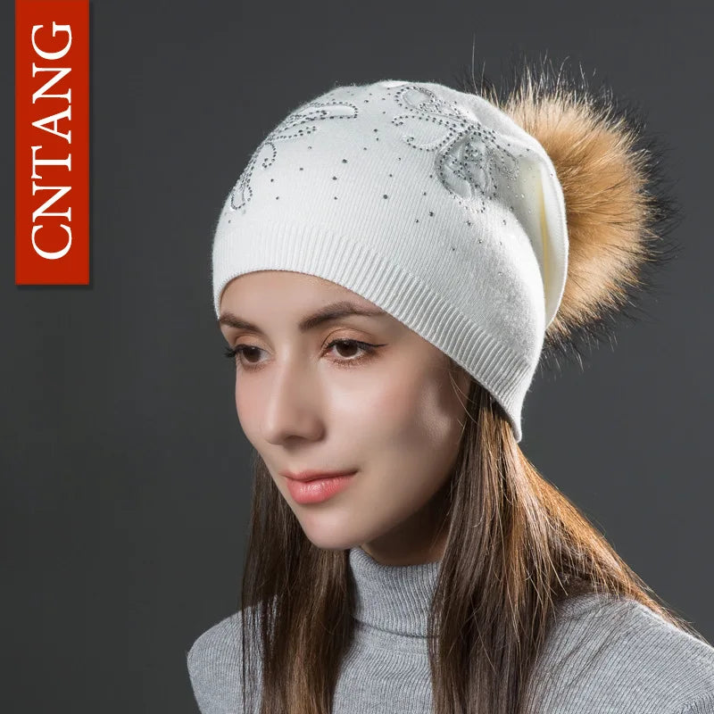 CNTANG 2024 Fashion Pearl Butterfly Women Hats Knitted Wool Beanies Autumn Winter Warm Caps With Natural Fur Pom Pom Ladies Hat