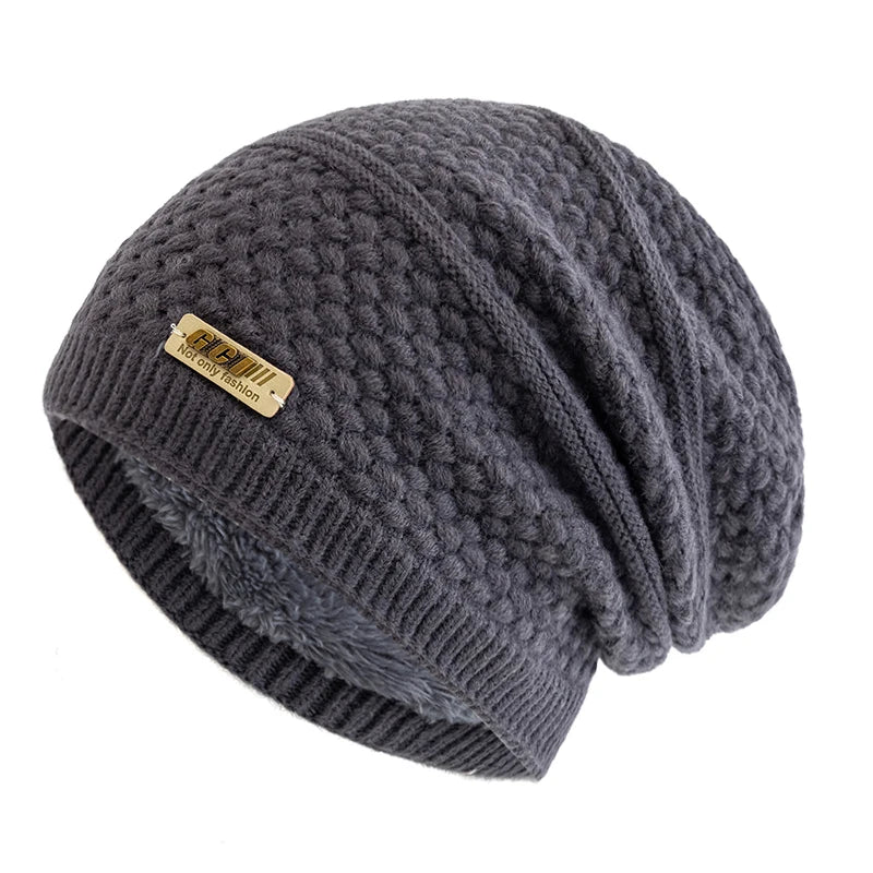 Unisex Fashion Warm Winter Beanie Hat Casual Knitted Hat Men Women Plush Fur Lined Thick Ski Beanie Cap