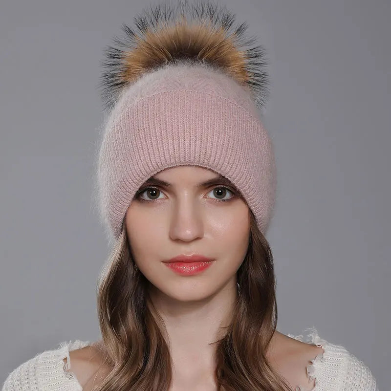 CNTANG New Natural Raccoon Fur Pompom Knit Hat For Women Warm Angora Rabbit Bonnet Women's Winter Fleece Hats Casual Female Caps