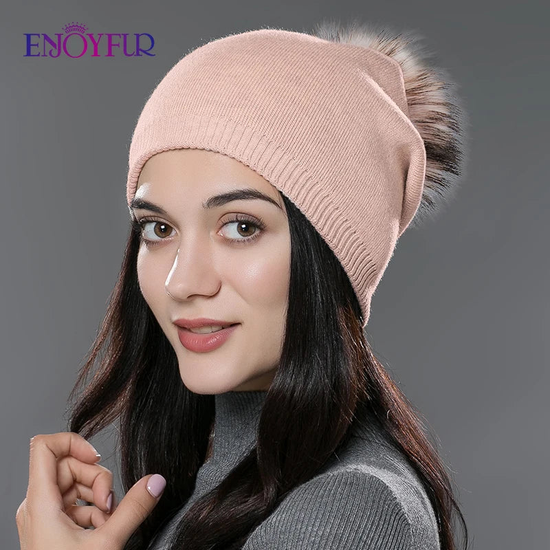 ENJOYFUR Winter women real fur pom pom hats wool knitted thick warm lined beanies hat lady fashion bobble ski caps