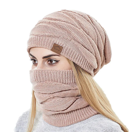 Winter Beanie Hats Scarf Set Women Warm Knitted Hat Skull Cap Neck Warmer Thicken Fur Lined Lady Winter Hat Mask Scarf for Women