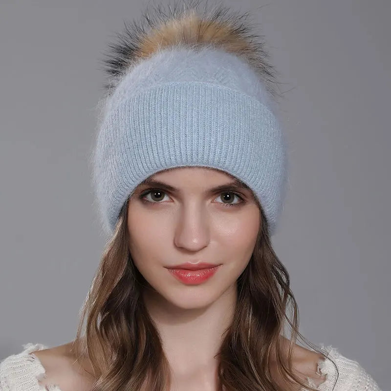 CNTANG New Natural Raccoon Fur Pompom Knit Hat For Women Warm Angora Rabbit Bonnet Women's Winter Fleece Hats Casual Female Caps