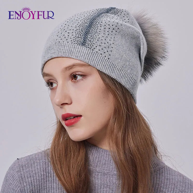 ENJOYFUR Winter women real fur pom pom hats wool knitted thick warm lined beanies hat lady fashion bobble ski caps