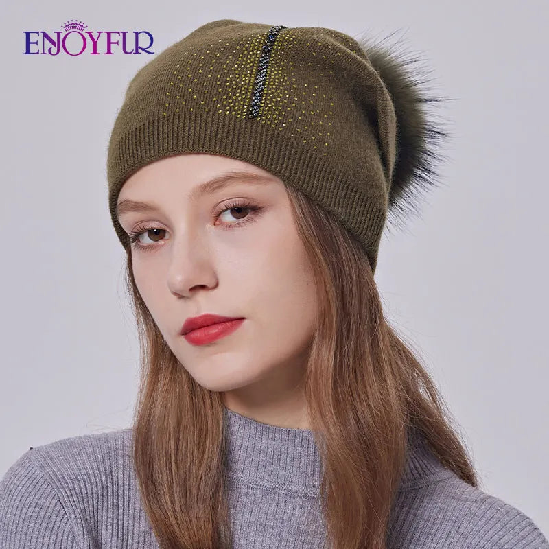 ENJOYFUR Winter women real fur pom pom hats wool knitted thick warm lined beanies hat lady fashion bobble ski caps