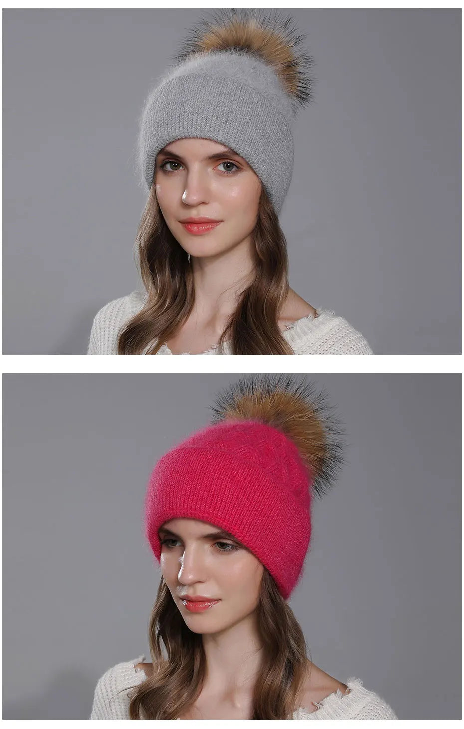 CNTANG New Natural Raccoon Fur Pompom Knit Hat For Women Warm Angora Rabbit Bonnet Women's Winter Fleece Hats Casual Female Caps