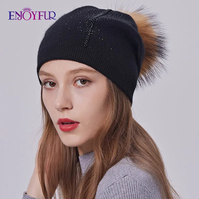 ENJOYFUR Winter women real fur pom pom hats wool knitted thick warm lined beanies hat lady fashion bobble ski caps