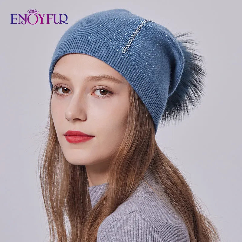 ENJOYFUR Winter women real fur pom pom hats wool knitted thick warm lined beanies hat lady fashion bobble ski caps